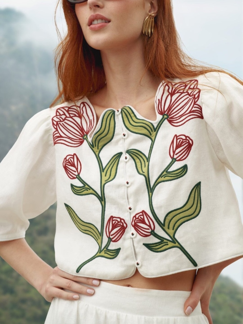 Farm Rio Off-White Flower Embroidered Crop Top
